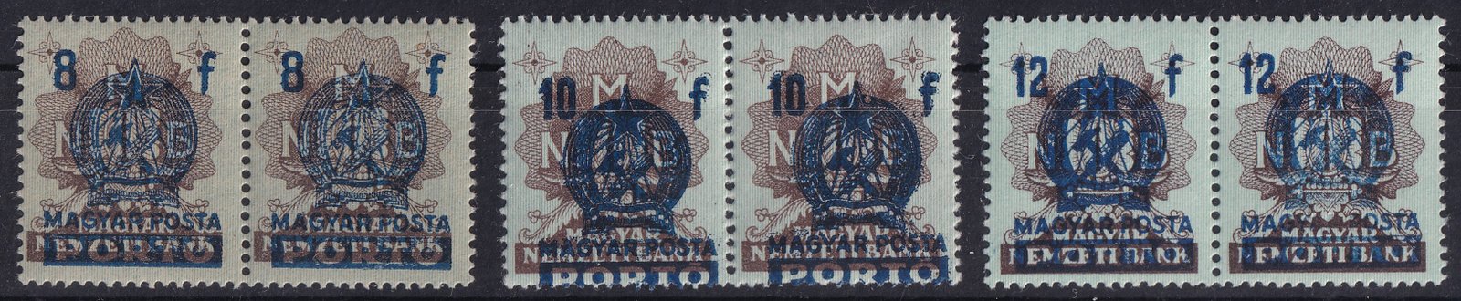 1951. Kisegítő Portó párokban - 10 filléres erősen elcsúszott felülnyomattal (felső ívszéli)