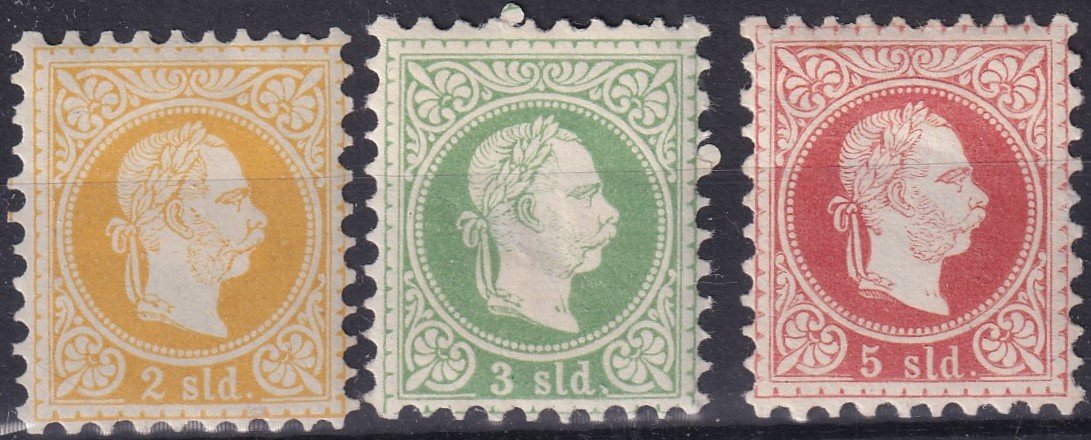 1878. Ausztria levantei postahivatalok – jobbra néző császárfej, finomnyomat, 2, 3 és 5 sld