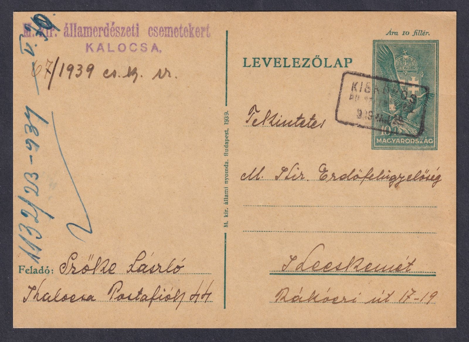 1939. Kiskőrös Pu. szekrény, Kecskemétre feladott levelezőlap
