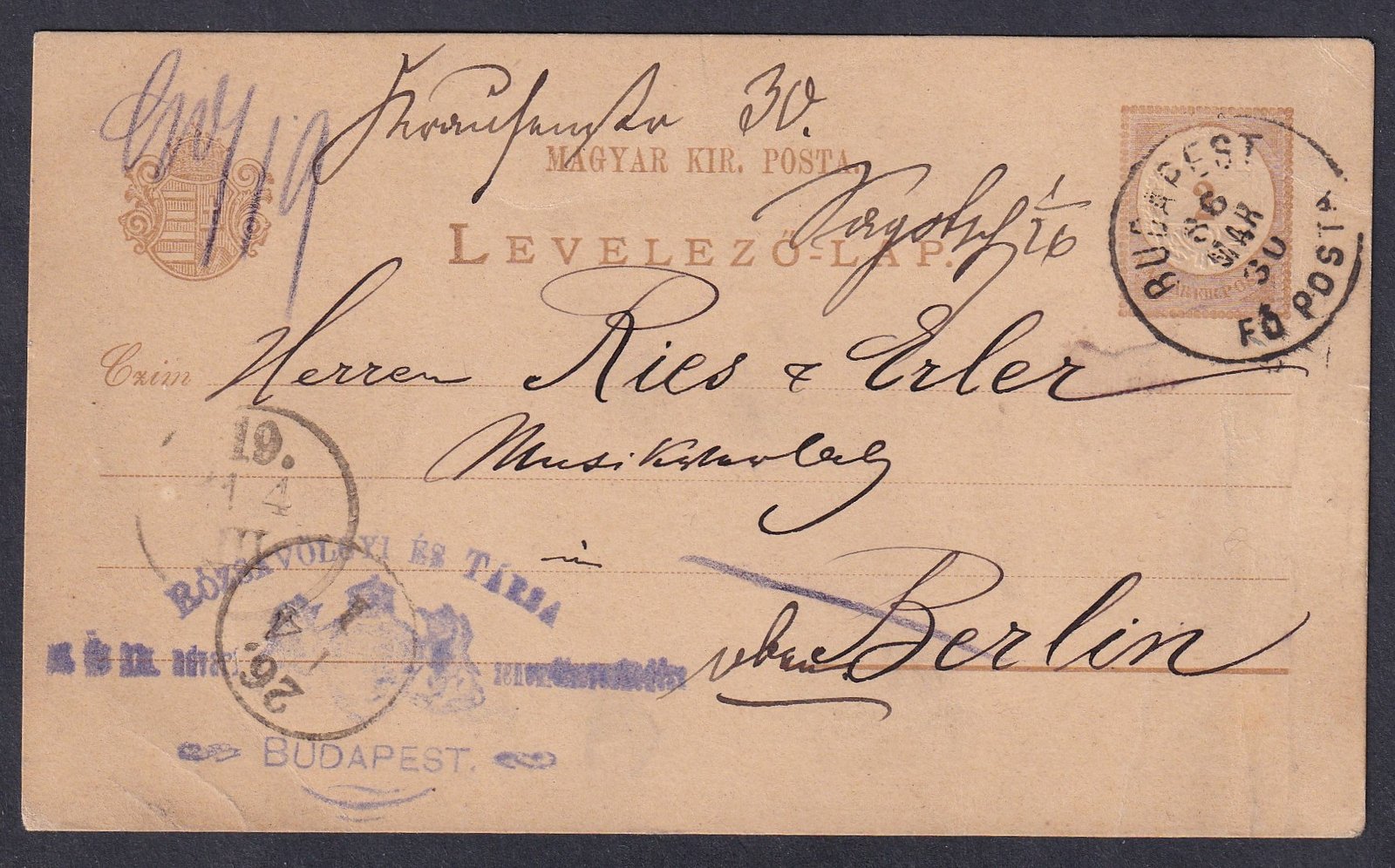 1886. Budapest, Berlinbe feladott levelezőlap, céges reklám bélyegzéssel