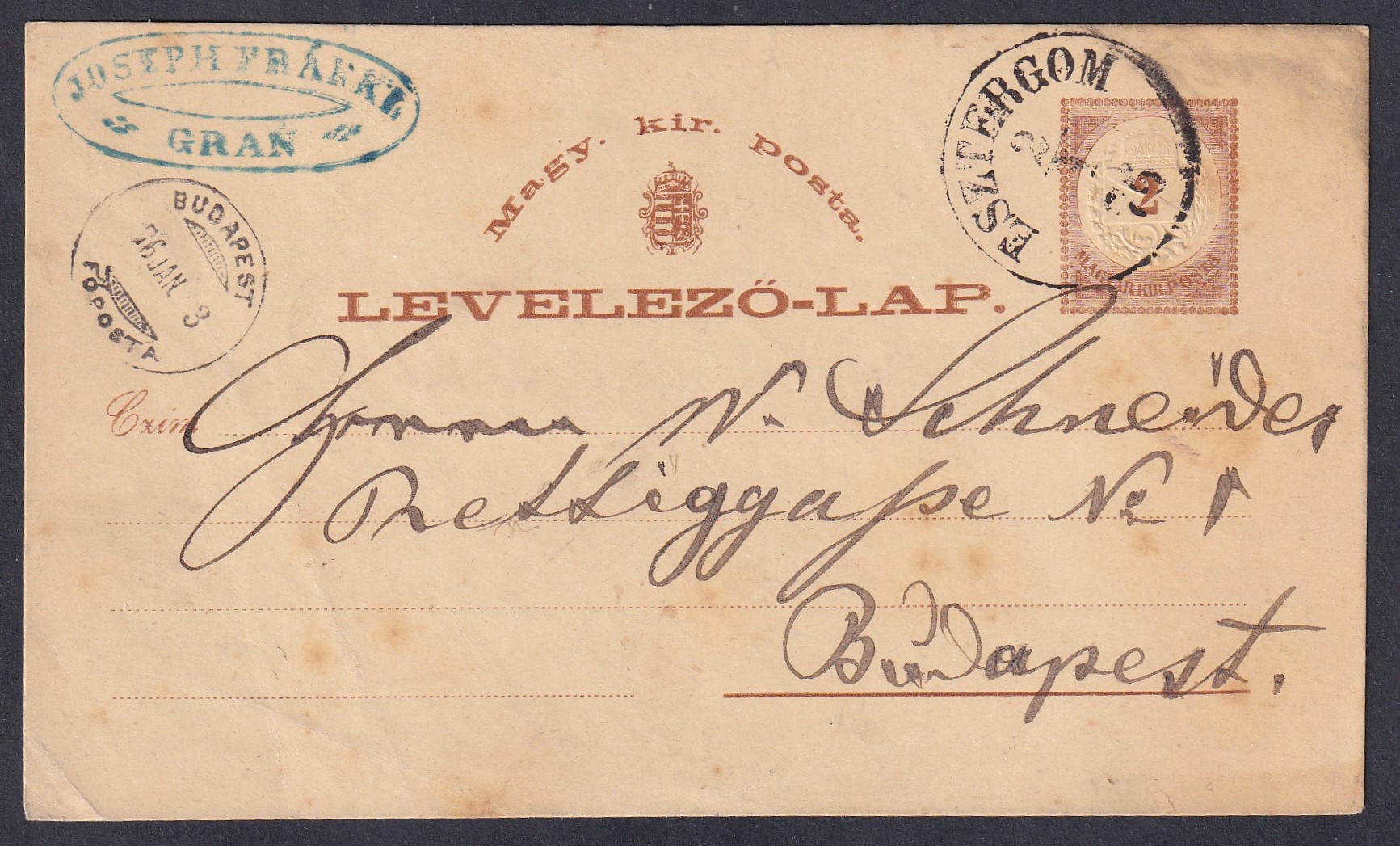 1886. Esztergom, Budapestree feladott levelezőlap, céges reklám bélyegzéssel