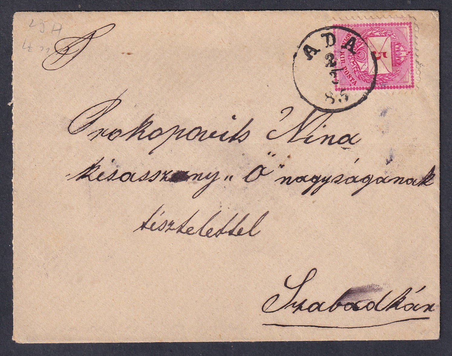 1885. Ada – Szabadkára feladott levél, hátoldalon viaszpecséttel, a borítékon családi címerrel
