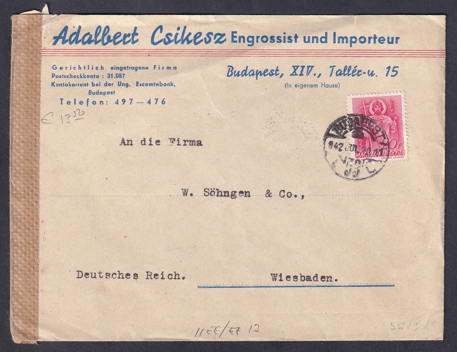 1942. Budapest, Wiesbaden (Németország)-ba feladott cenzúrázott céges evél