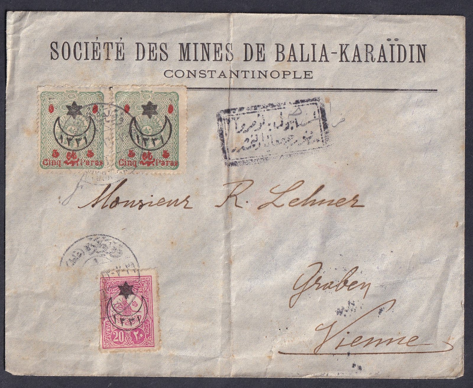 1916. Konstantinápoly – Bécs levél, Société des Mines de Balia-Karaïdin céges boríték, oszmán 5+5+20 para bérmentesítéssel, háborús cenzúra bélyegzéssel, hátoldalon dátumos érkezési jelzéssel