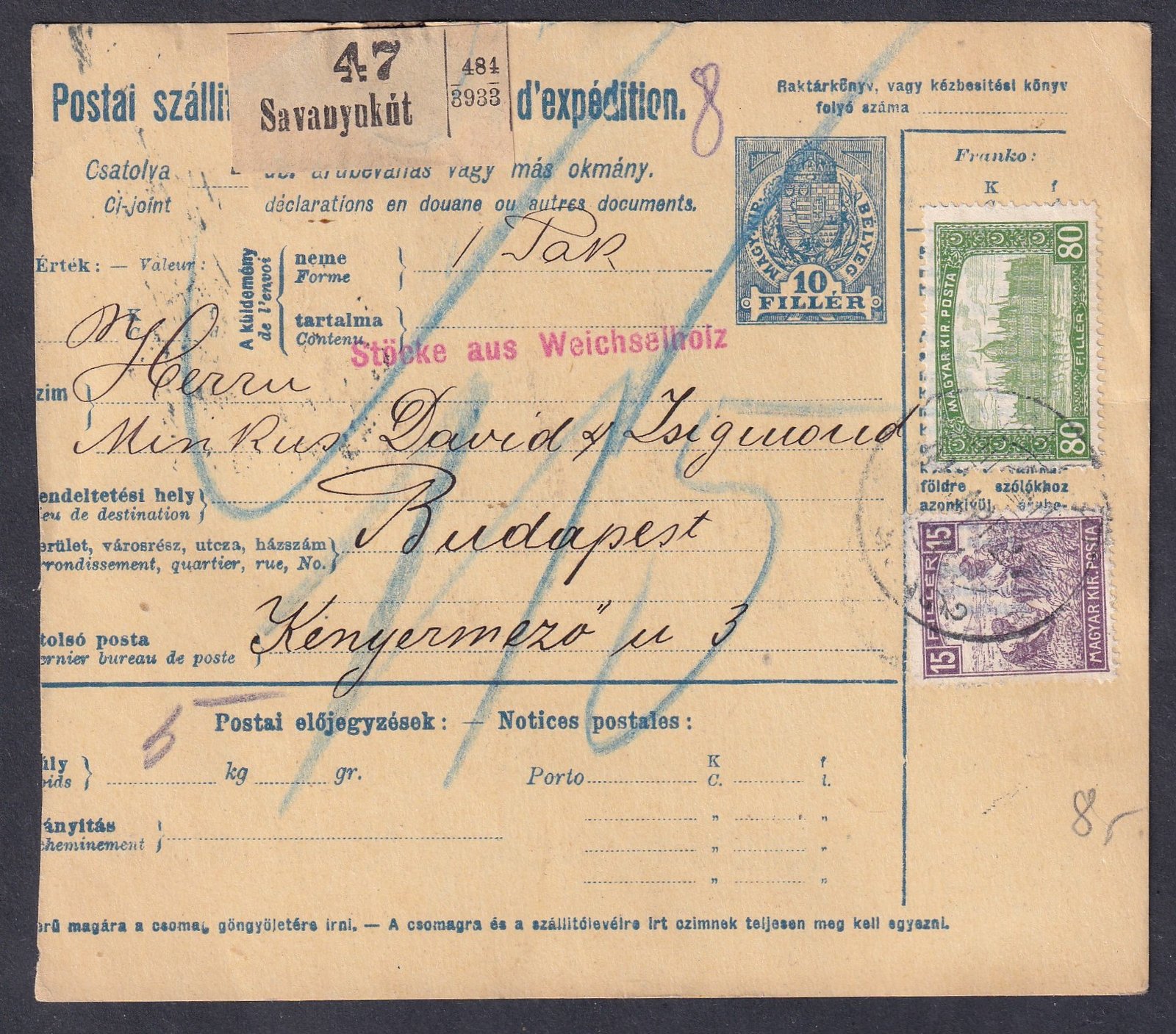 1918. Savanyukút, Budapestre feladott szállítólevél