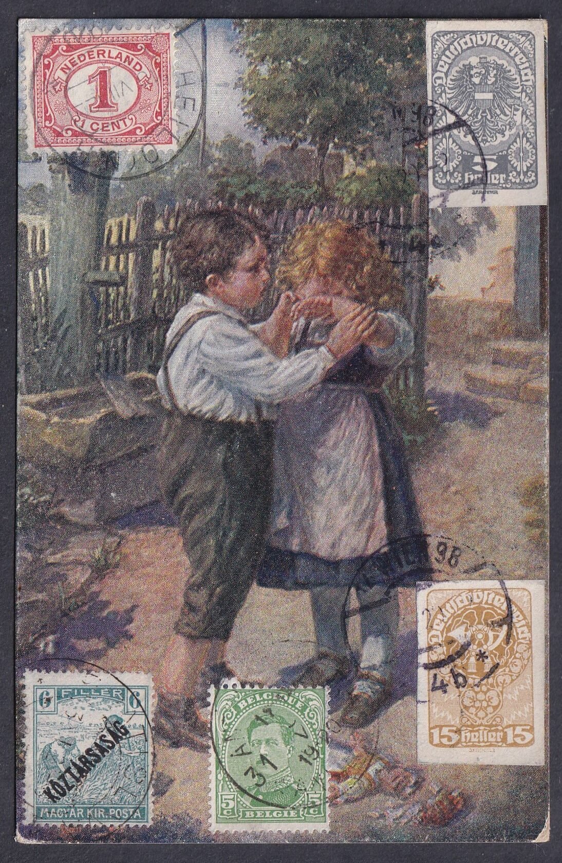 1920. dekorált / filatéliai játék képeslap , több ország bélyegeivel (Magyarország, Német Birodalom, Hollandia, Belgium) Bécsbe címzett „Drucksache”, nyomtatványként feladva
