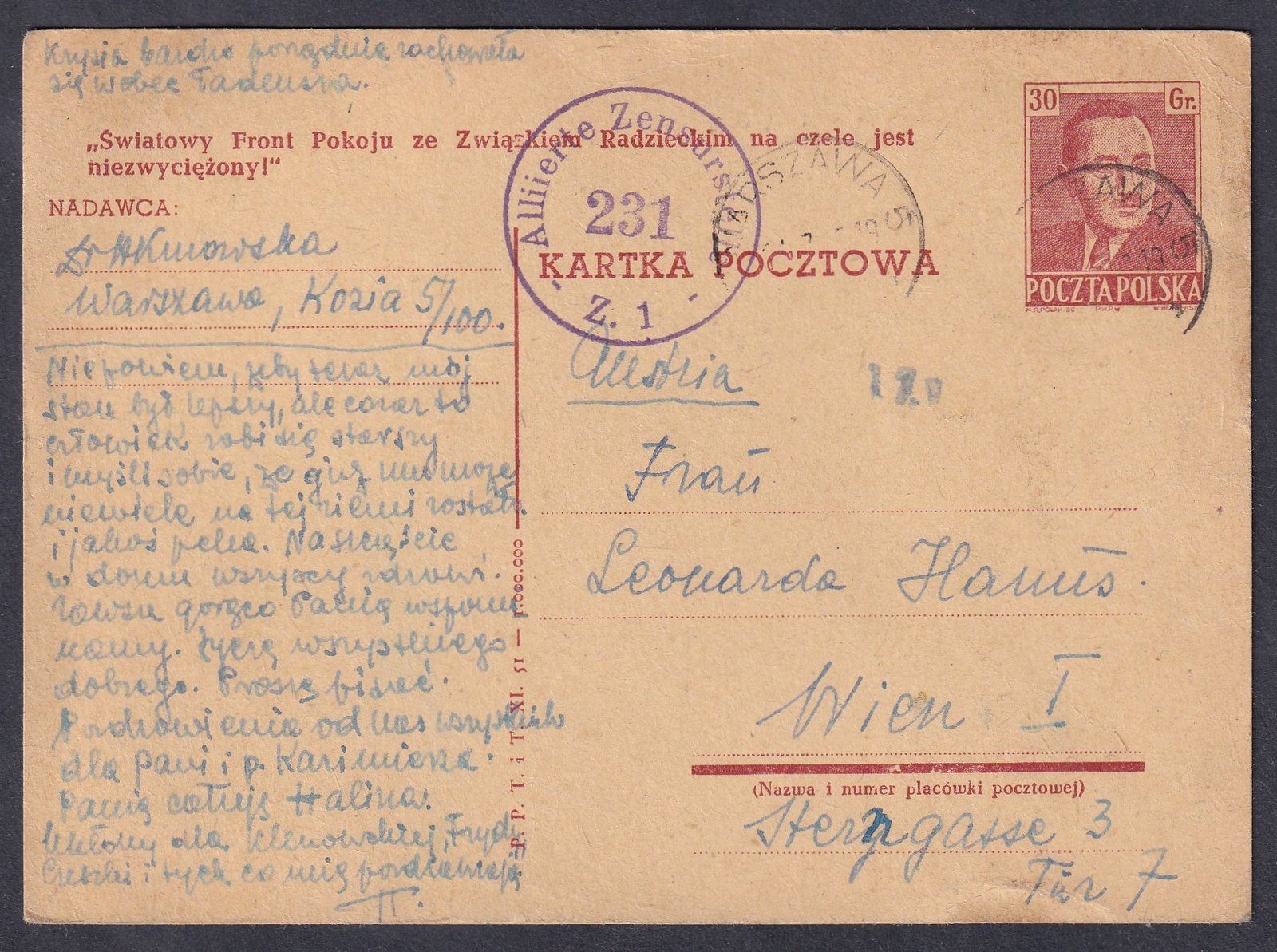 1949. Warso (Lengyelország) Bécsbe feladott cenzúrázott levelezőlap