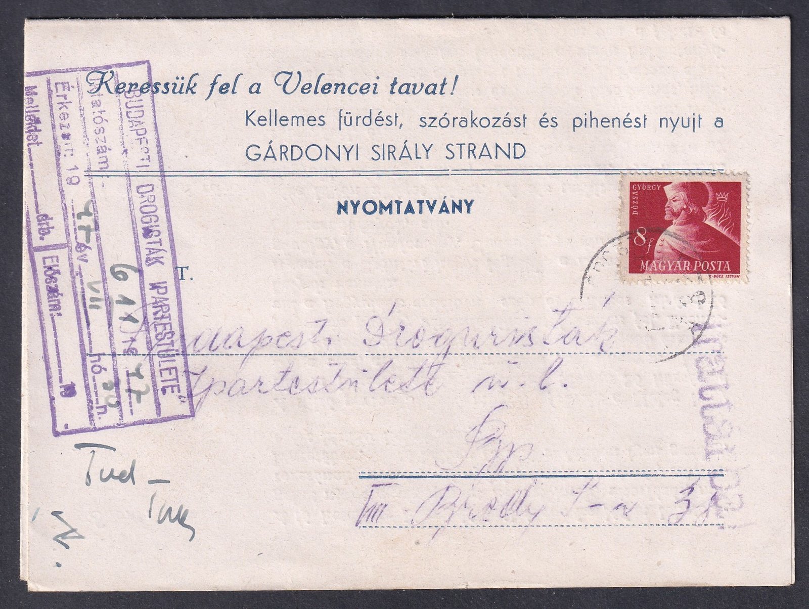 1947. Budapest, helyben feladott nyomtatvány - Velencei tó reklám füzet