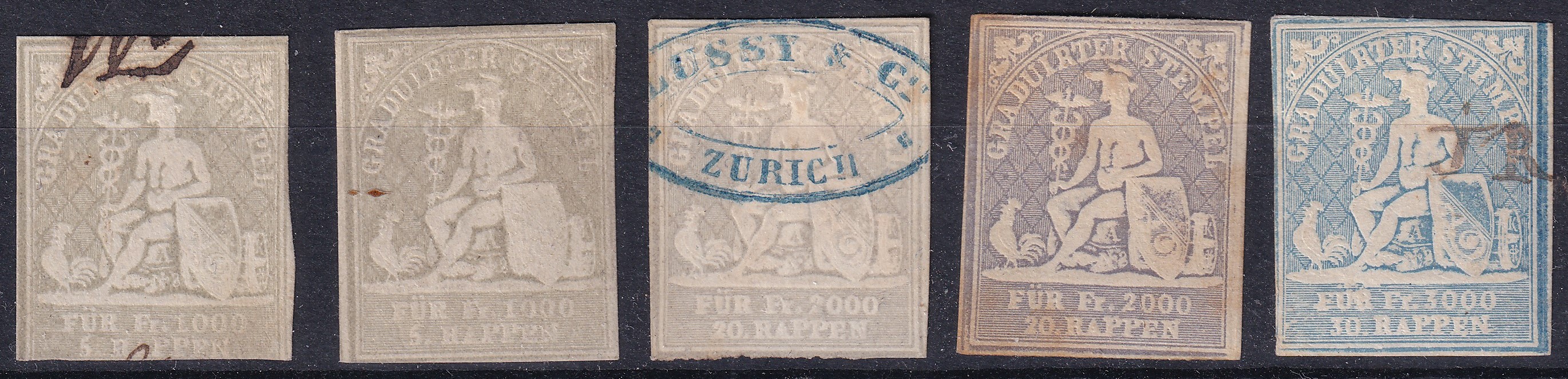 1854. Svájc 5 db szép bélyeg, 2x5 Rappen, 2x20 Rappen + 30 Rappen