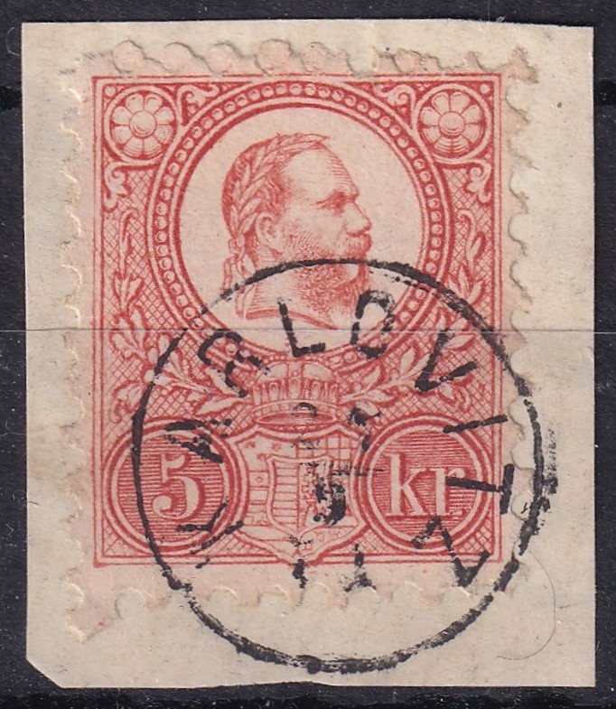 1871. Réznyomatú 5 krajcáros bélyeg kivágáson, tiszta KARLOVITZ gyűszűbélyegzéssel