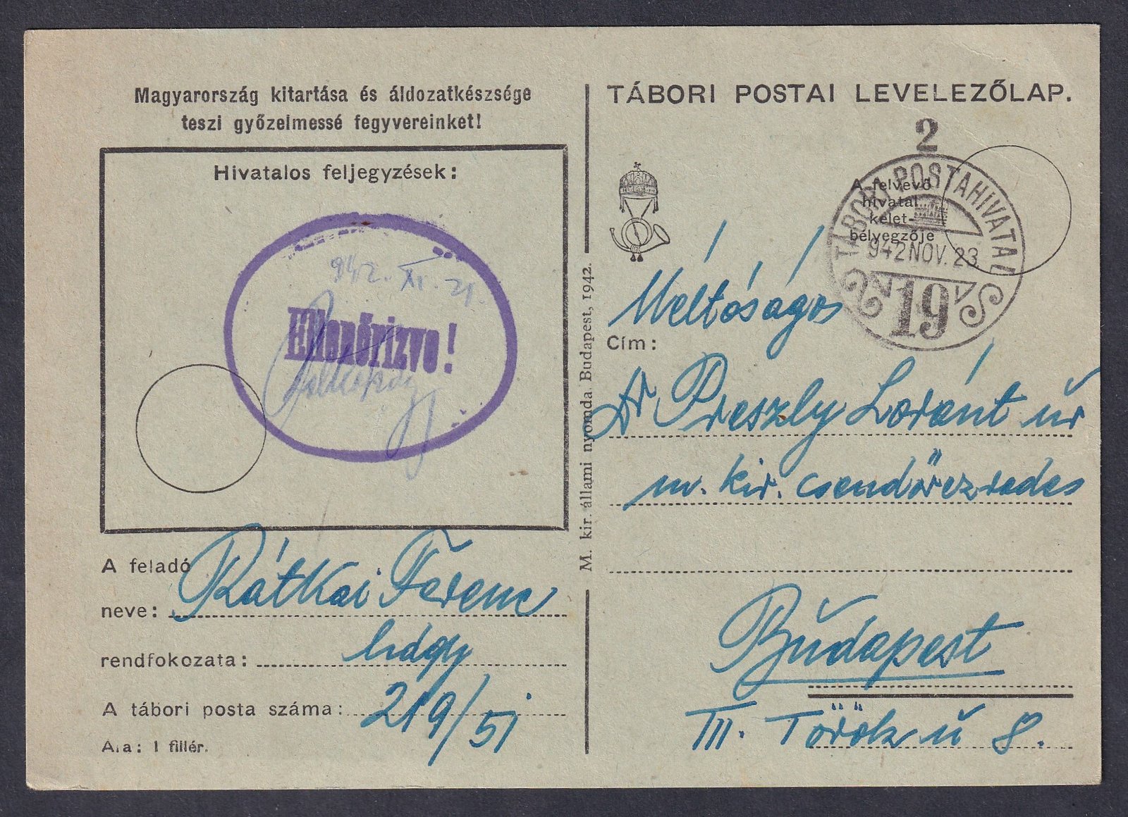 1942. Táboriposta levelezőlap - címzett: Dr Preszly Loránd m. kir. csendőrezredes
