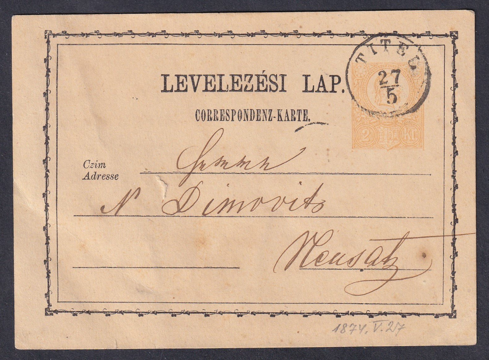 1871. TITEL, Versetz-re feladott levelezőlap