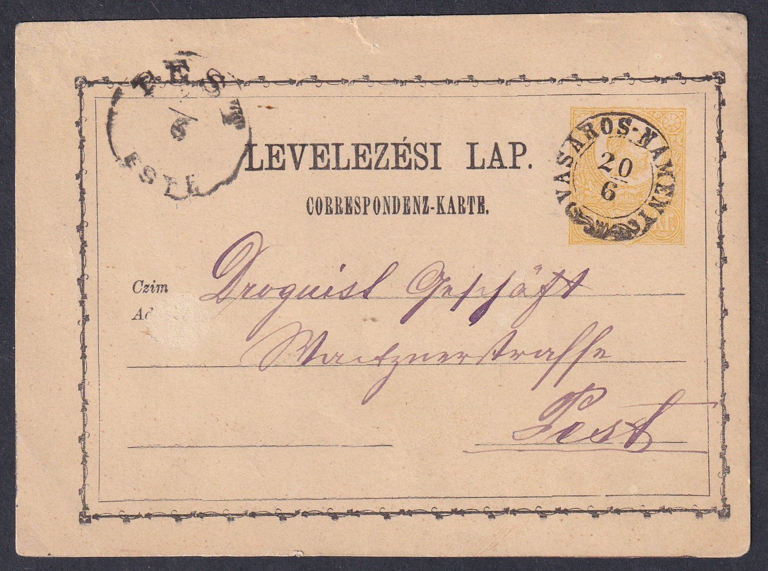 1871. VI. 20. VÁSÁROS-NAMÉNY, Pestre feladott levelezőlap