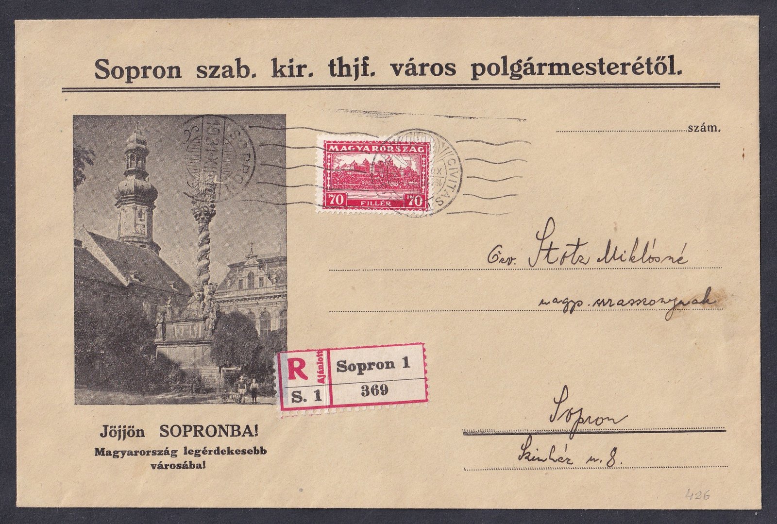 1931. Sopron, helyben feladott levél, „Jöjjön Sopronba!” turisztikai reklám boríték, a polgármesteri hivatal kiadásában, alkalmi SOPRON bélyegzéssel (1931. XII. 23.)