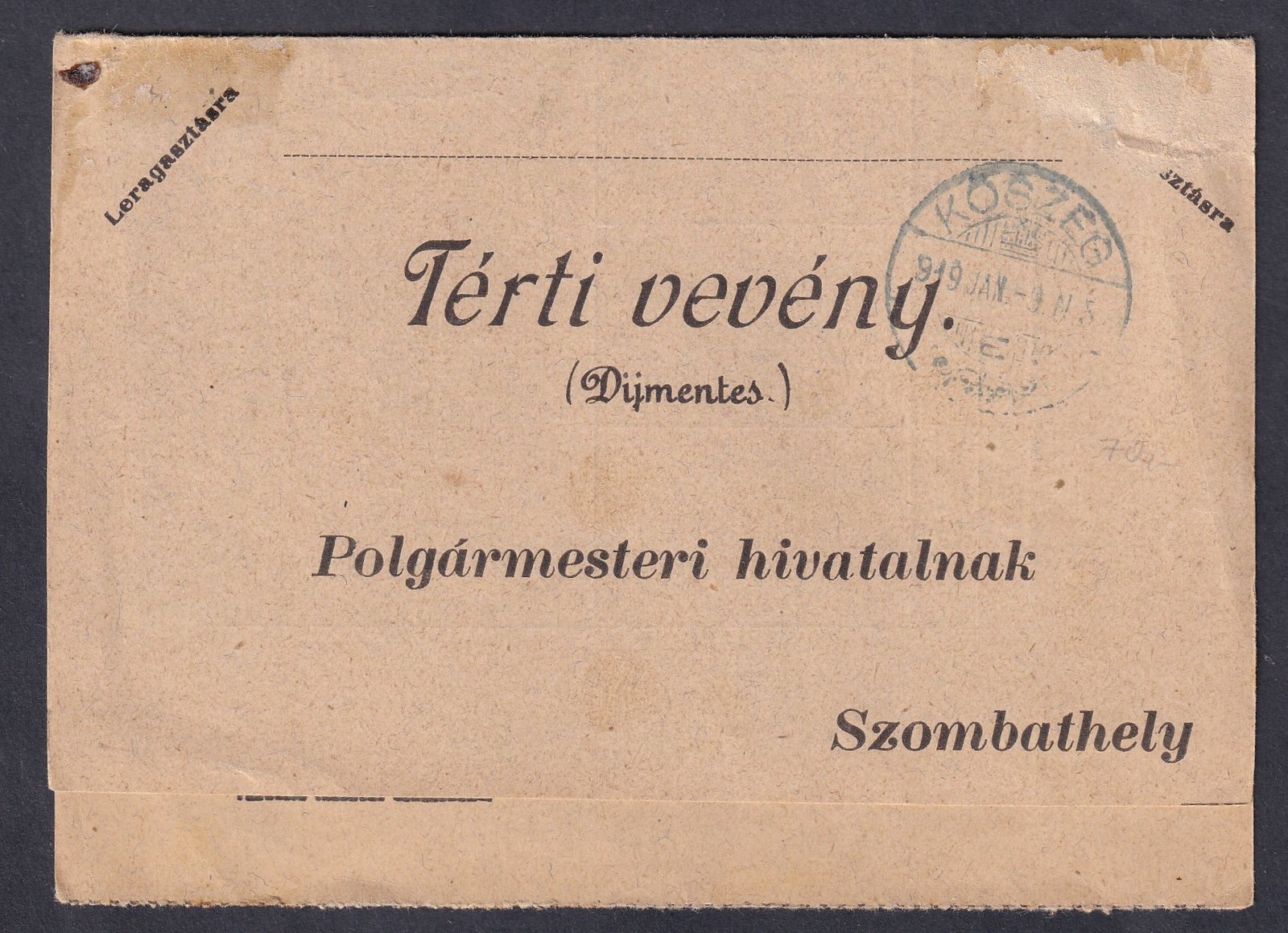 1919. KŐSZEG (kék színű bélyegzés), Térti vevény