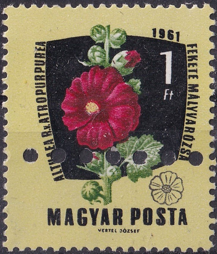 1961. Gyógy- és ipari növények 1 Ft – különleges, nyomdai megsemmisítésből származó, gumi nélküli bélyeg