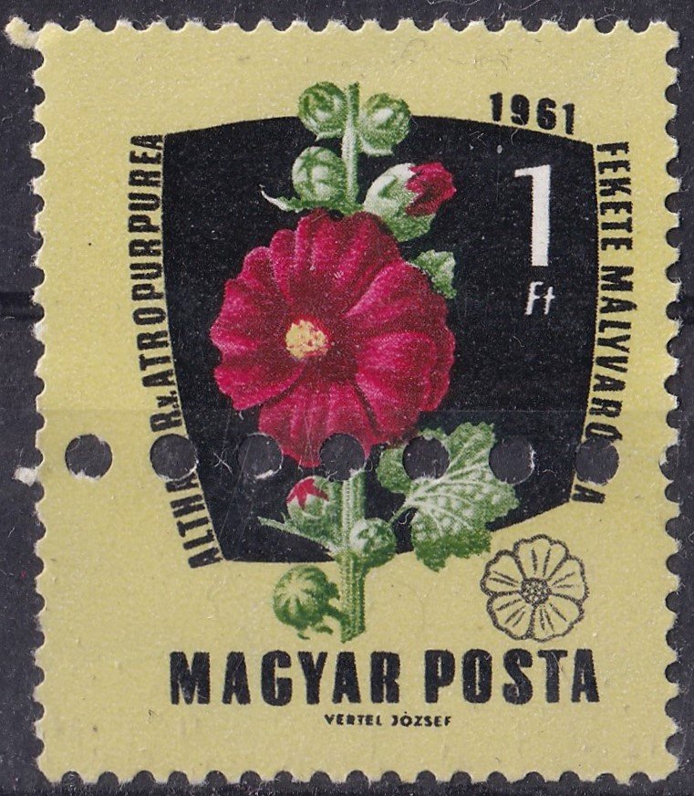 1961. Gyógy- és ipari növények 1 Ft – különleges, nyomdai megsemmisítésből származó, gumi nélküli bélyeg