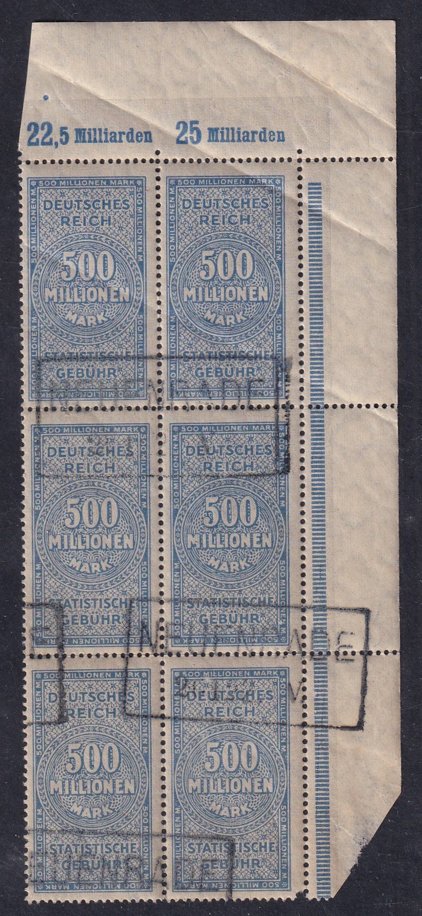 1923. Német Birodalom, 500 millió márka Illetékbélyeg 6-os ívsarki tömb