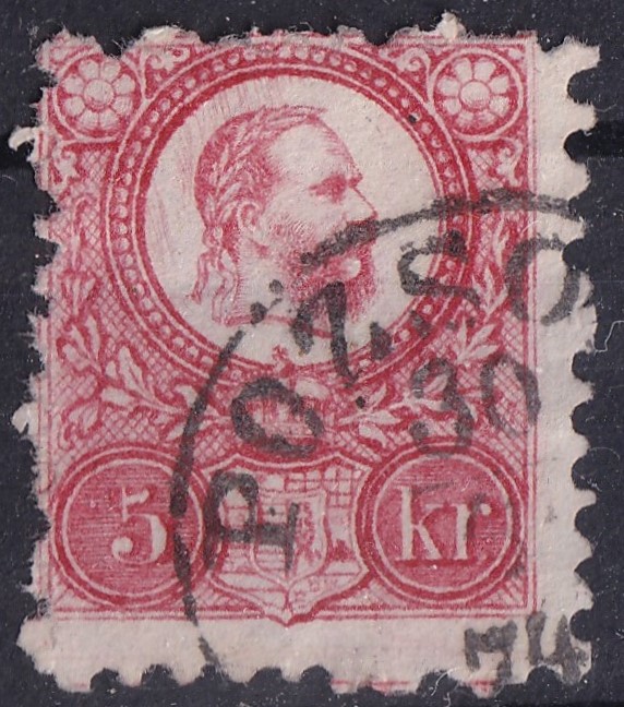 1871. Réznyomat 5kr, a portré felett érdekes festék elkenődéssel