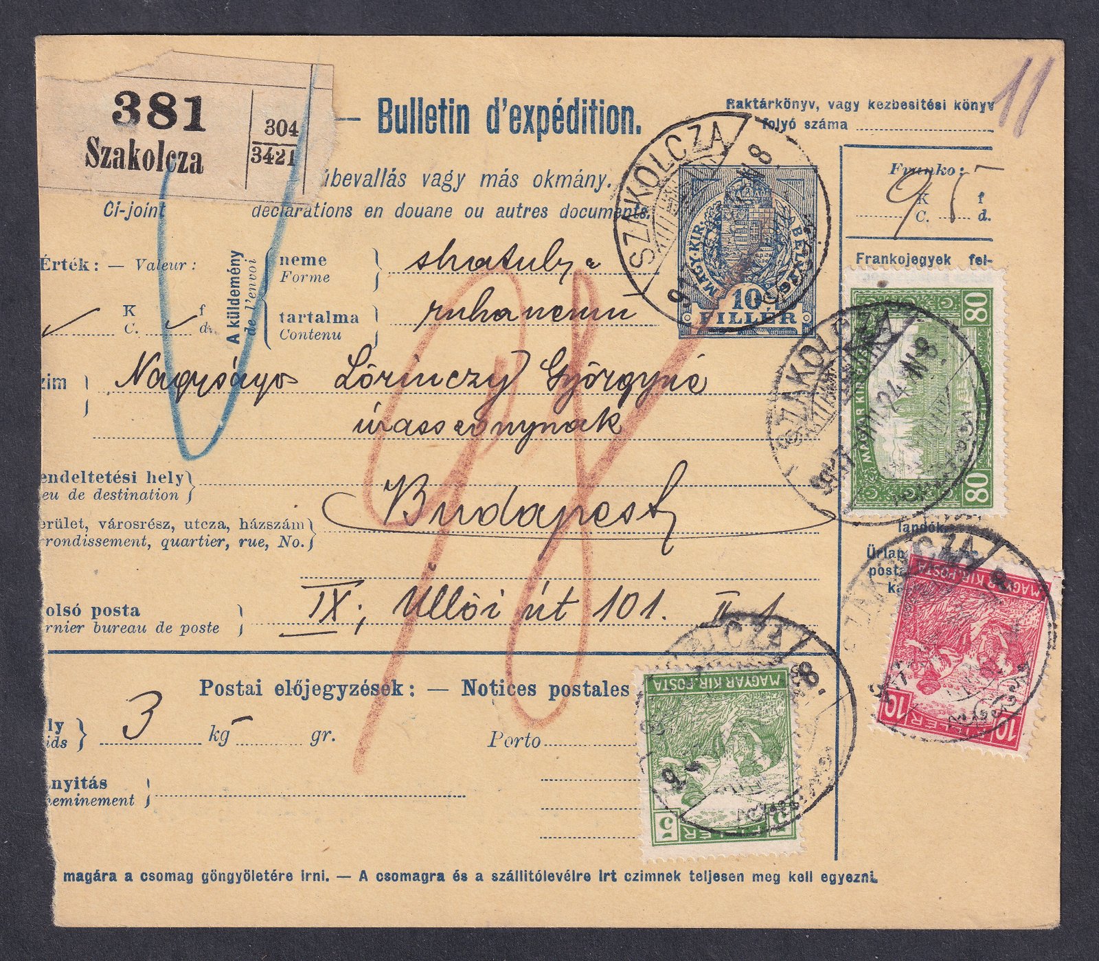 1917. Szakolcza, Budapestre feladott szállítólevél