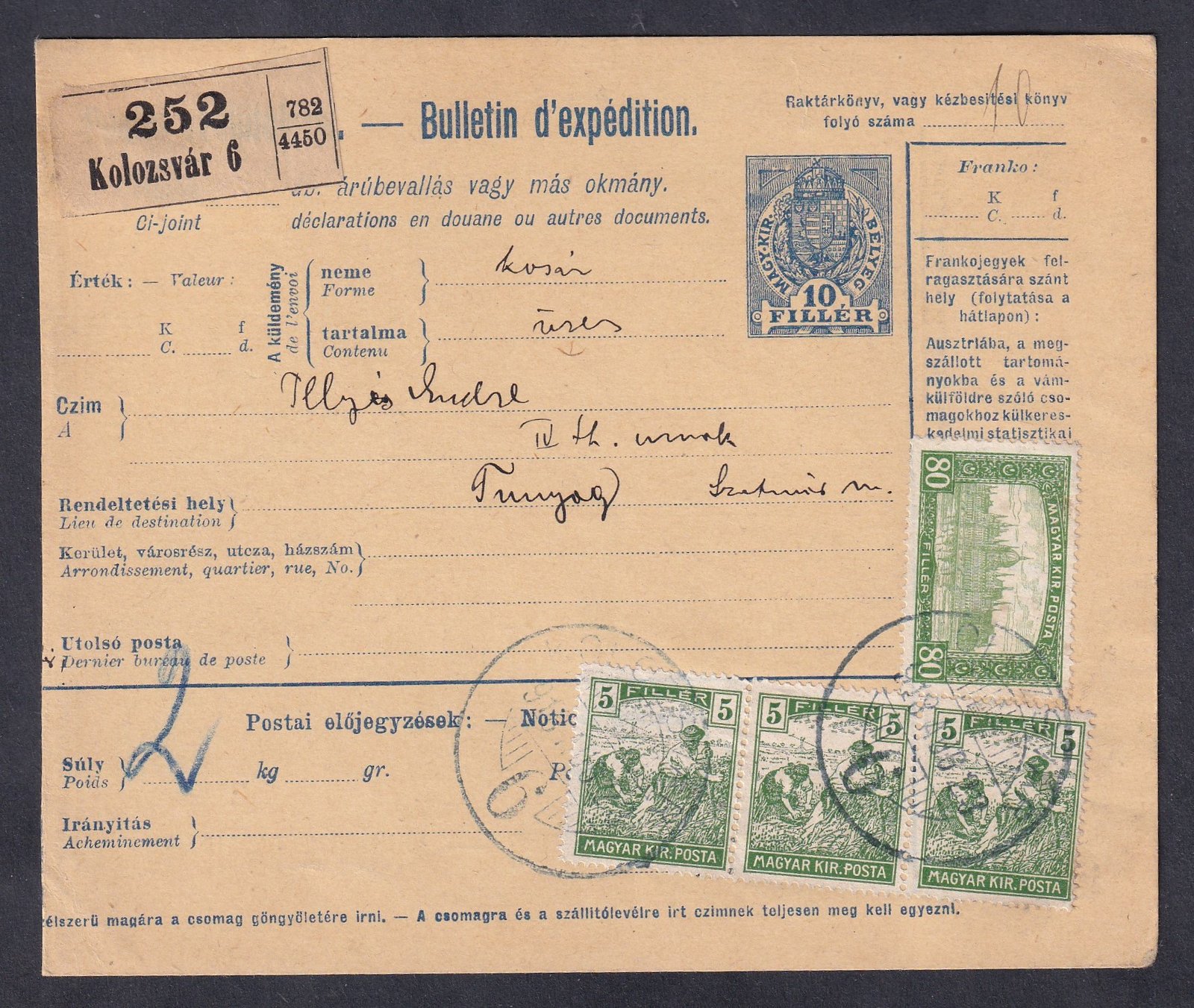 1911. Kolozsvár, Tunyogra feladott szállítólevél - lemezhiba: a középső 5f illéresen az "F" után fehér pont