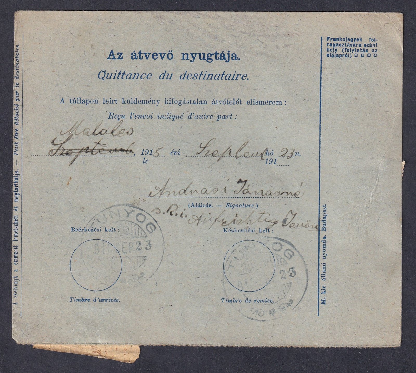 1918. Budapest, Tunyogra feladott utánvételes szállítólevél - Parlament 1 korona jelentősen elcsúszott középrészel