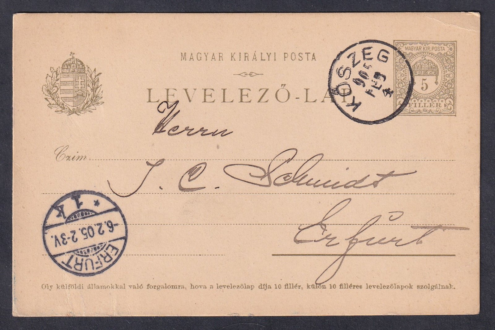 1905. Kőszeg, Erfurt-ba feladott levelezőlap