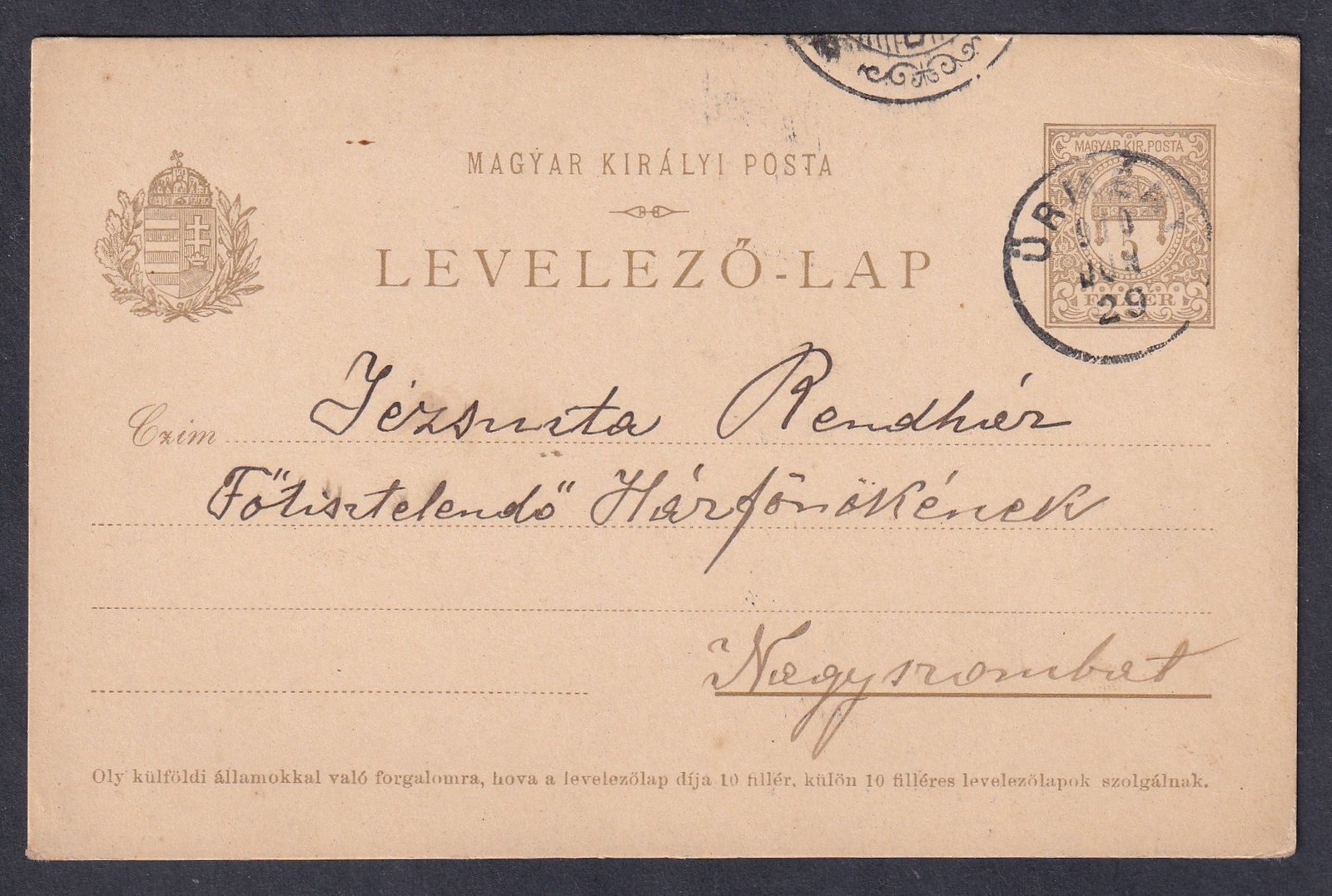 1900. ÜRMÉNY, Nagyszombatra feladott levelezőlap