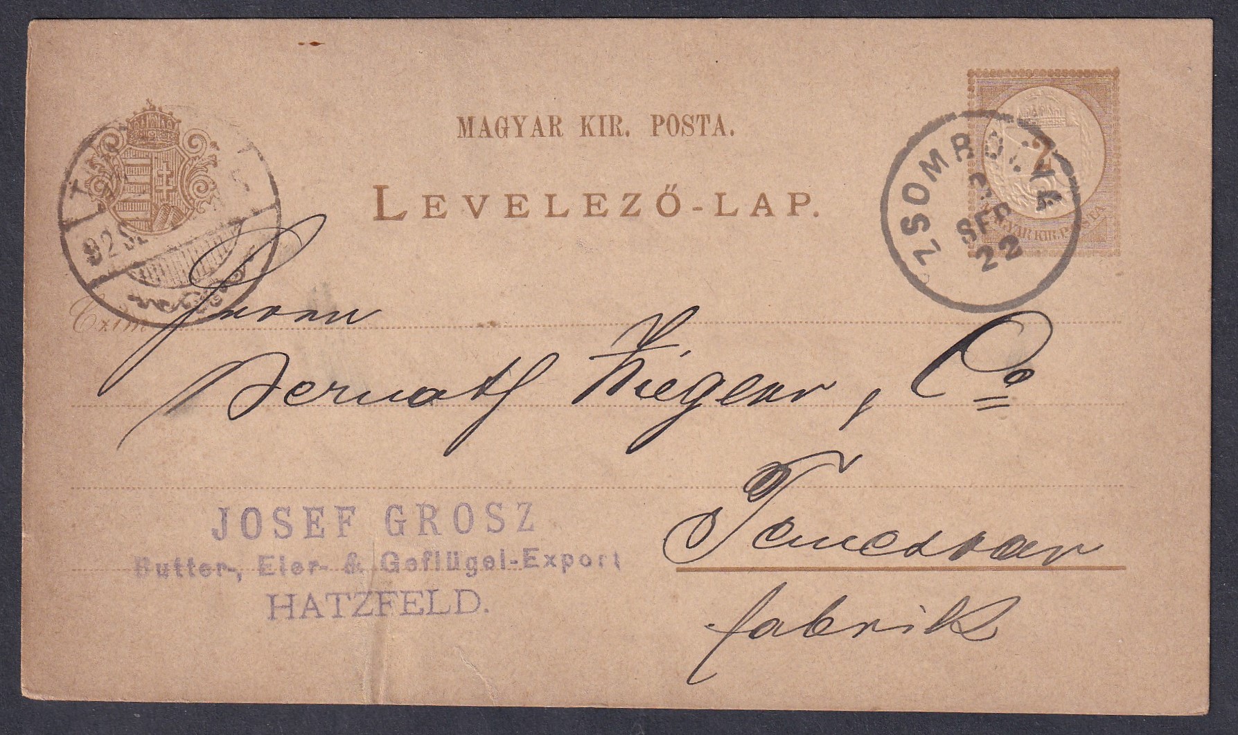 1892. ZSOMBOLYA, Temesvárra feladott levelezőlap