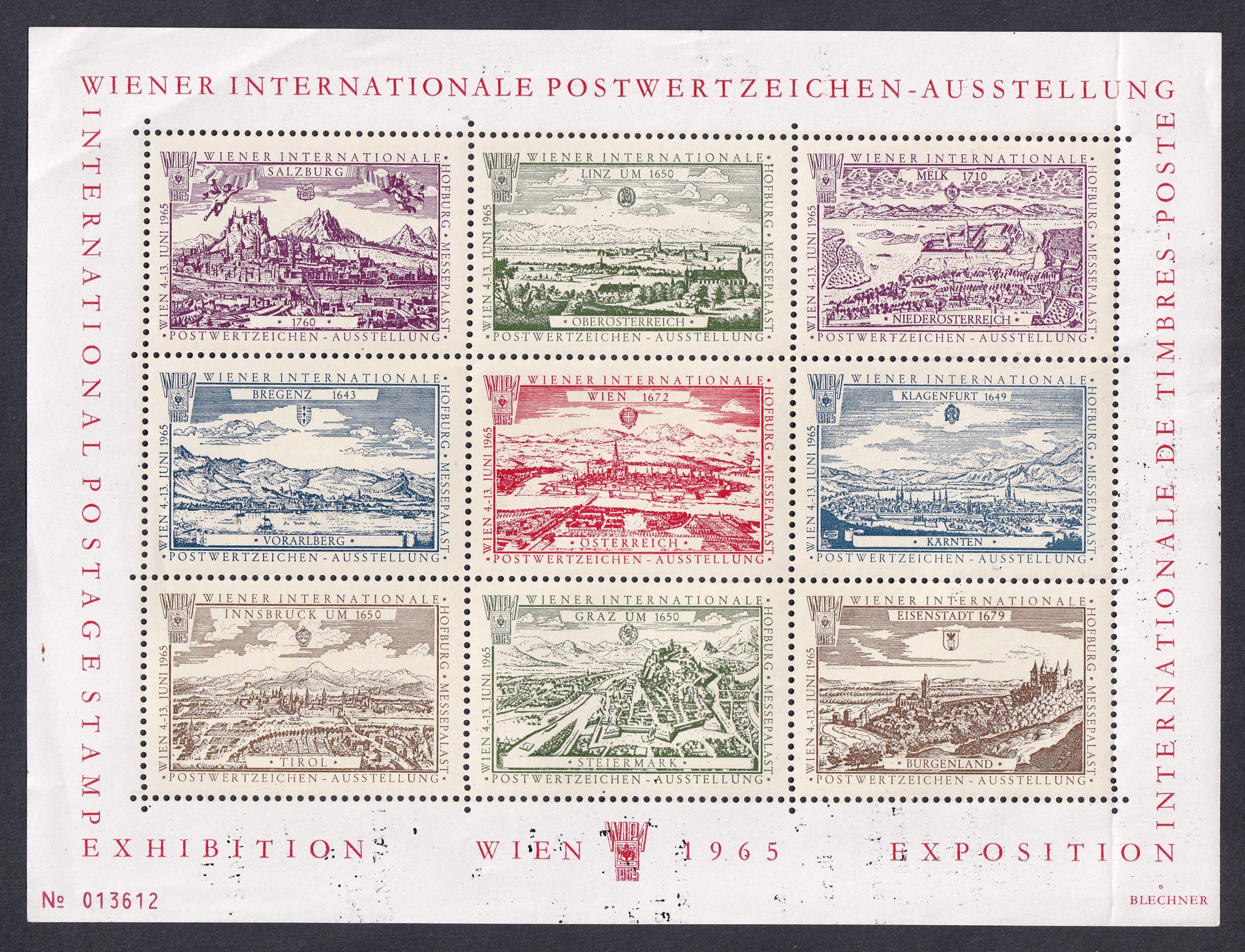 IMG_20260428_0017 Ausztria - WIPA 1965, Nemzetközi Postabélyeg Kiállítás leválzáró blokk - ritka darab!