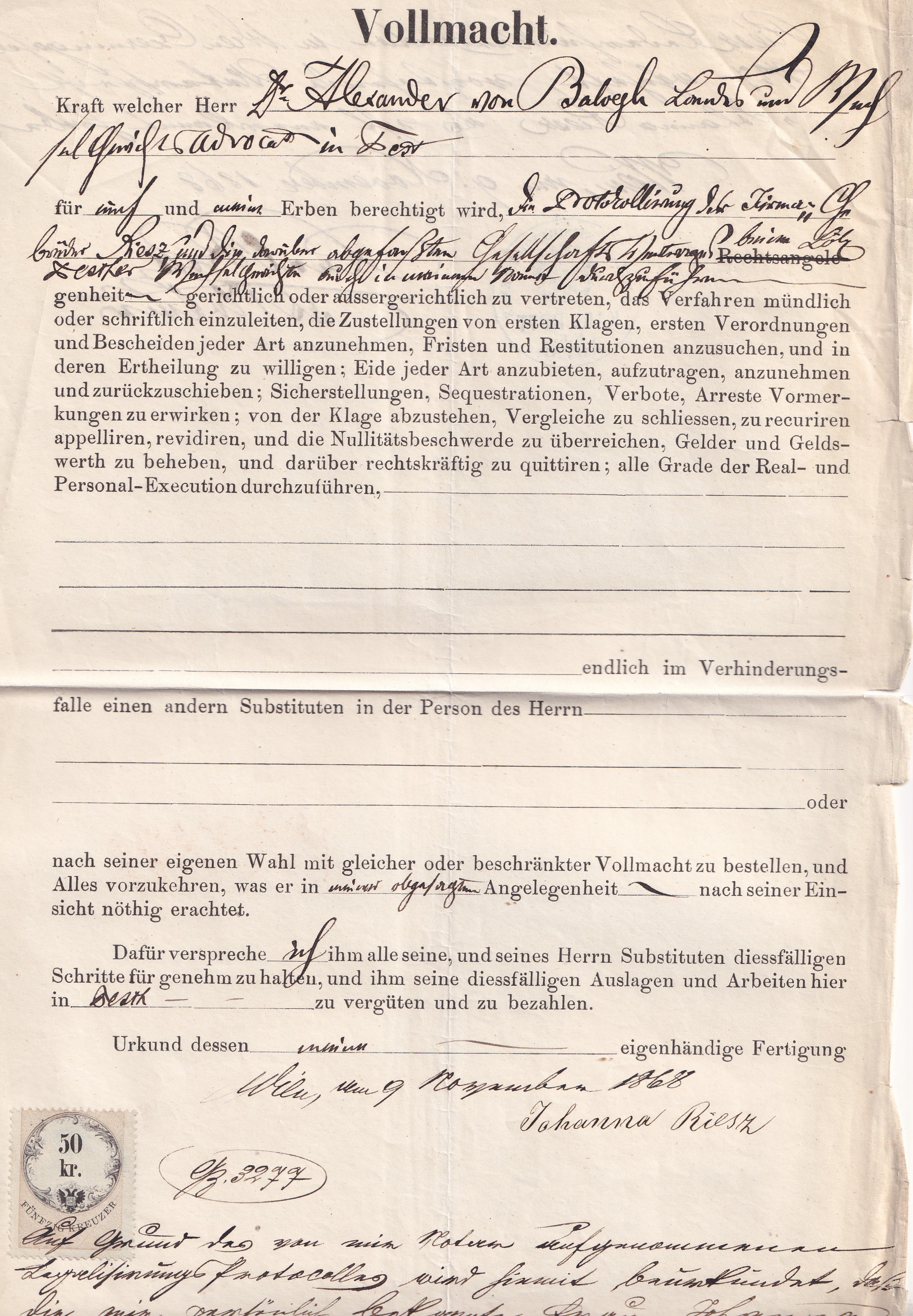 IMG_20260428_0020 Ausztria, 1868. Bécsben kiállított meghatalmazás 50 krajcáros illetékbélyeggel