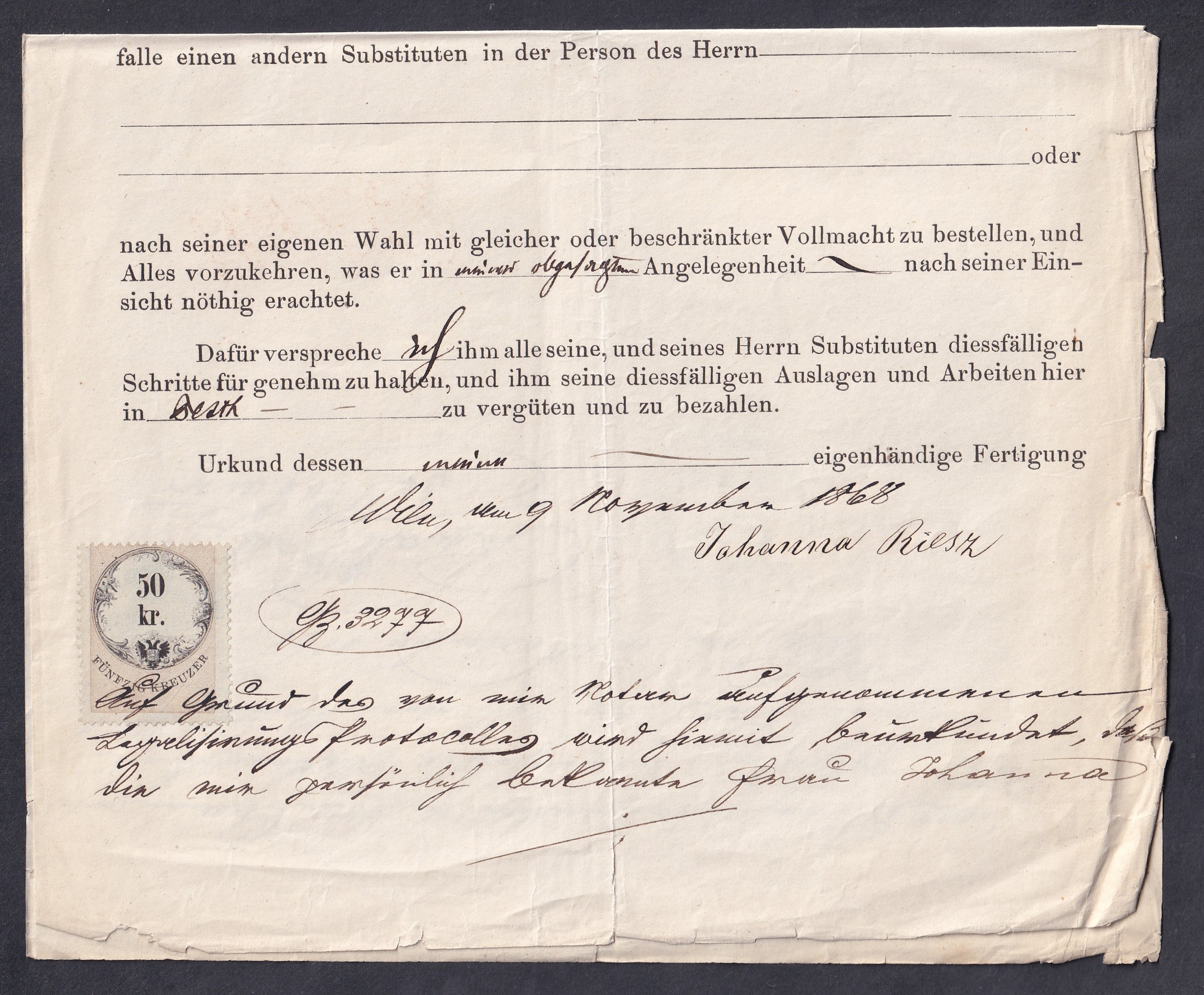 Ausztria, 1868. Bécsben kiállított meghatalmazás 50 krajcáros illetékbélyeggel