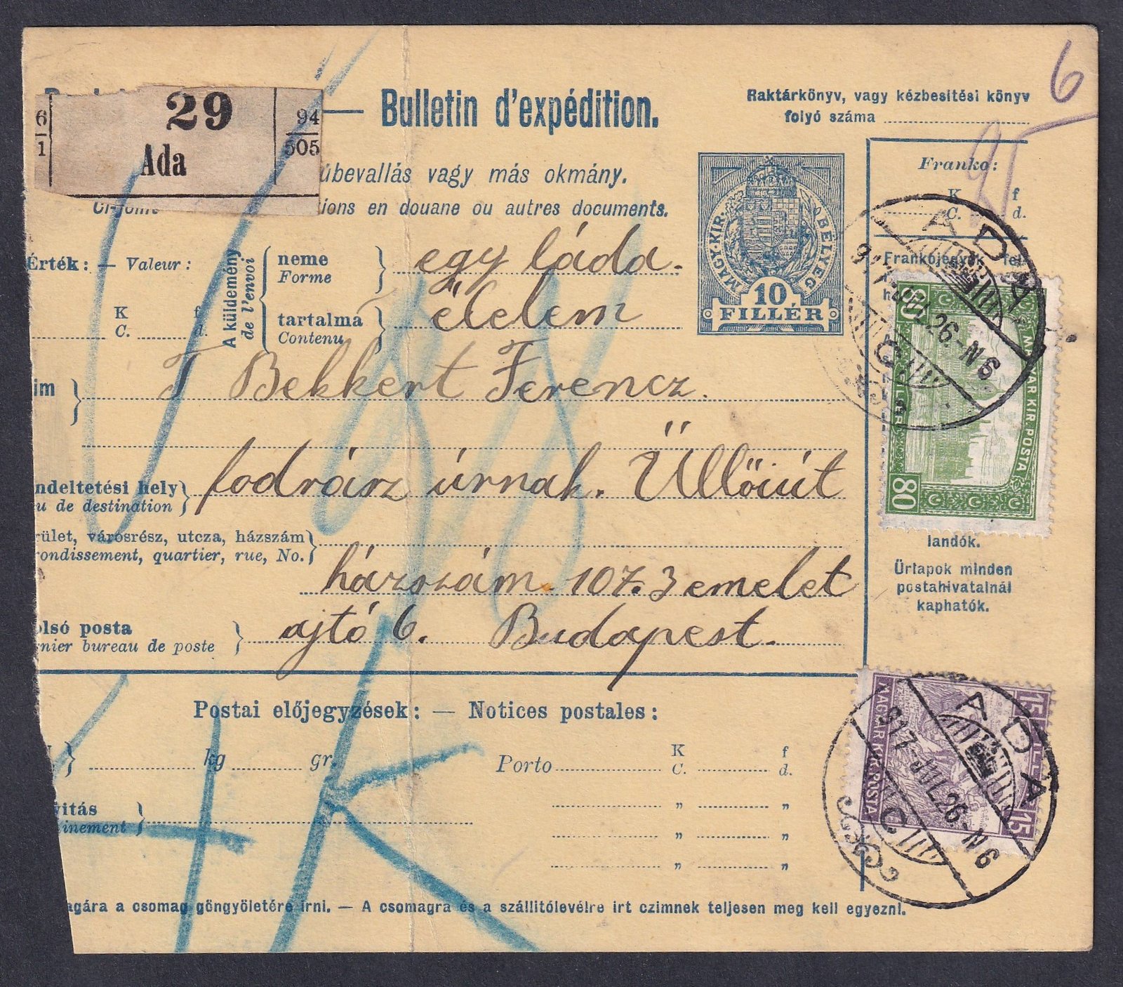 1917. ADA, Budapestre feladott szállítólevél