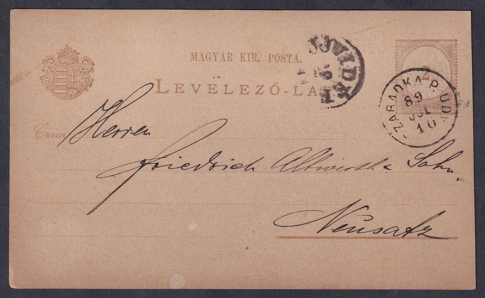 1889. SZABADKA P.UDV. Neusatz (Újvidék)-re feladott levelezőlap