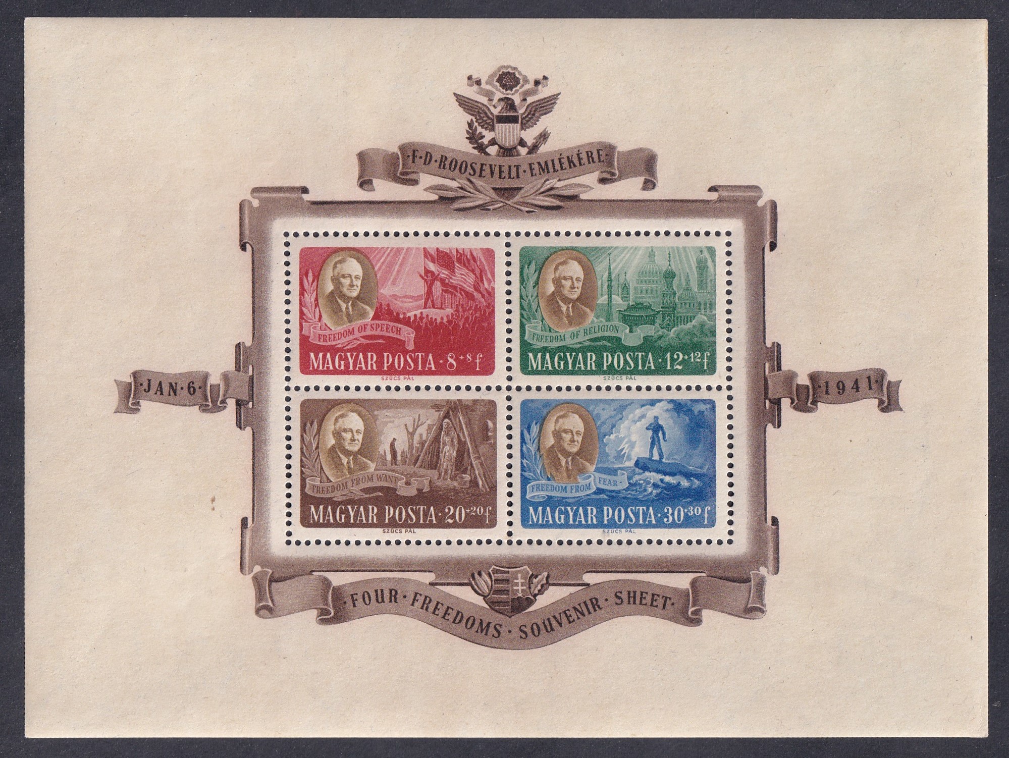 1947. F. D. Roosevelt blokk - kis méretű gumi szennyeződés a blokk szélén