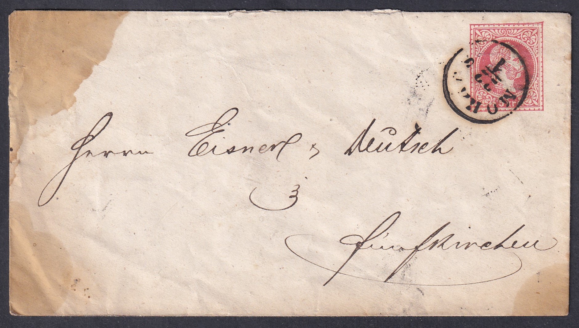 1871. MOHÁCS, Fünfkirchen (PÉCS) -re feladott díjjegyes boríték -kávé foltos