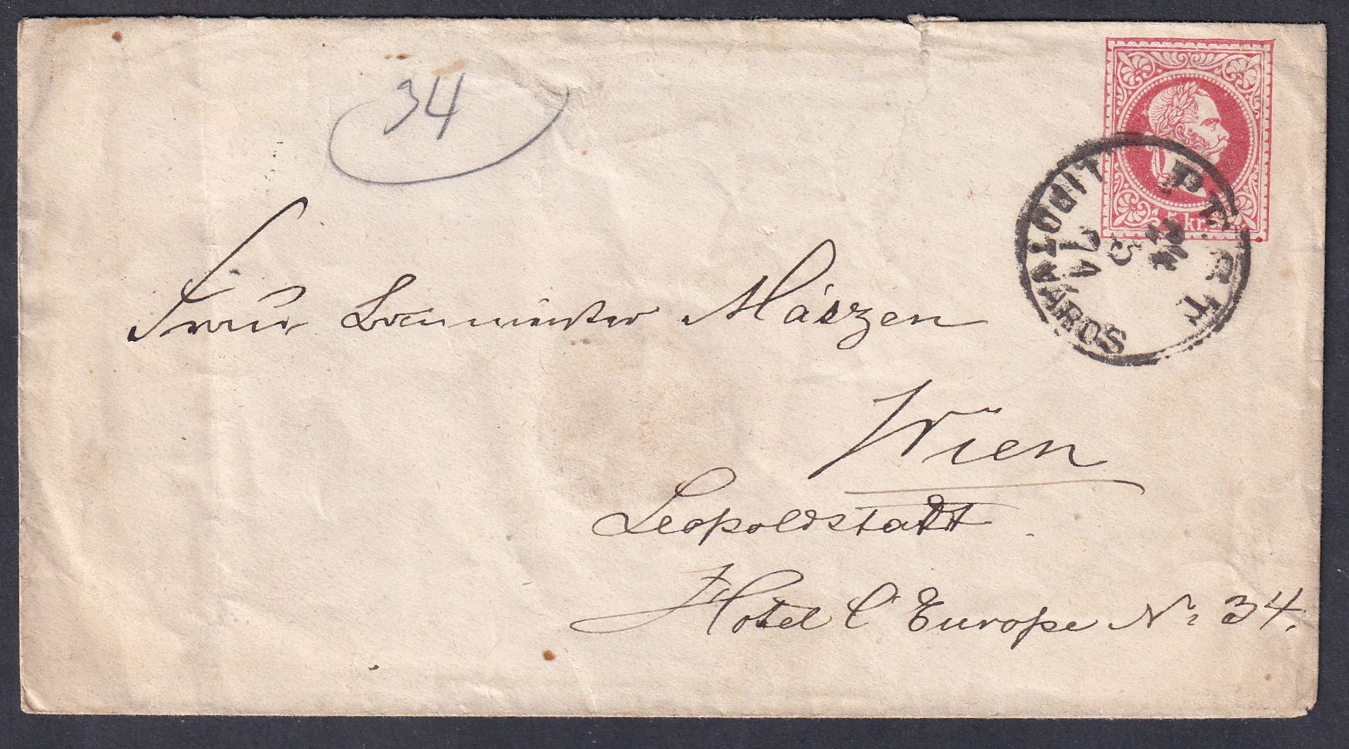 1871. 5. 24-én BUDAPEST / LIPÓTVÁROS, Bécsbe feladott díjjegyes boríték (kései felhasználás)