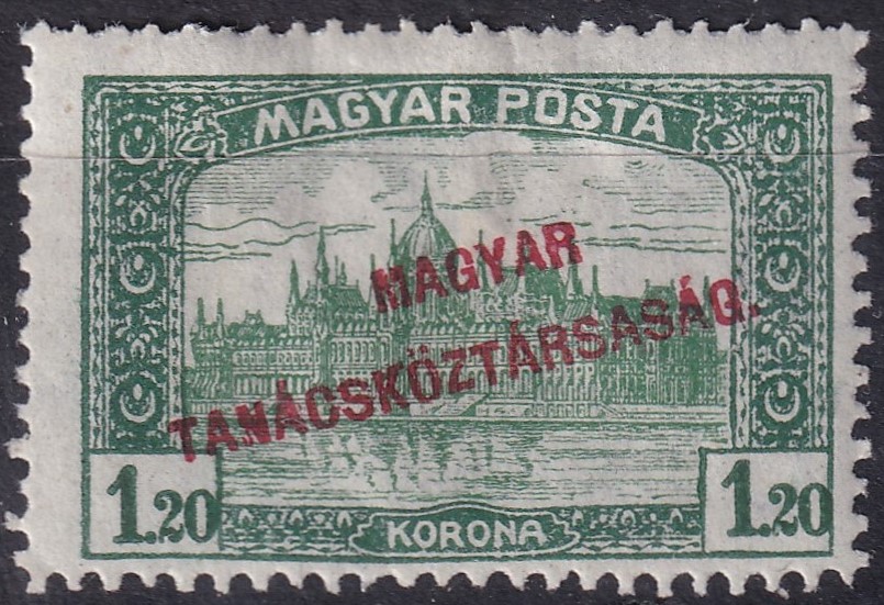 1919. Tanácsköztársaság 1,20K - a felülnyomat festékének gépszínátnyomatával - apró falcnyom