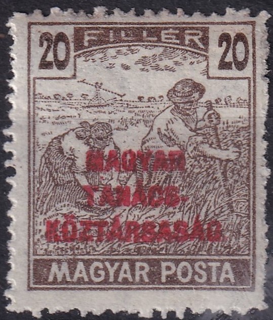 1919. Tanácsköztársaság 20 fillér, a felülnyomat festékének gépszínátnyomatával - apró falcnyom