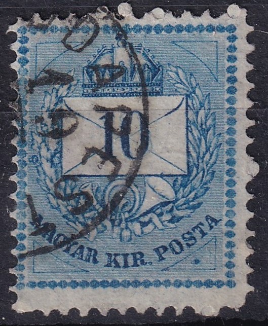 1874. 10kr (12,1/2:13) a háromszögek mesztejavításával, lemezhiba a bal alsó háromszögben (keskenyre fogazva)