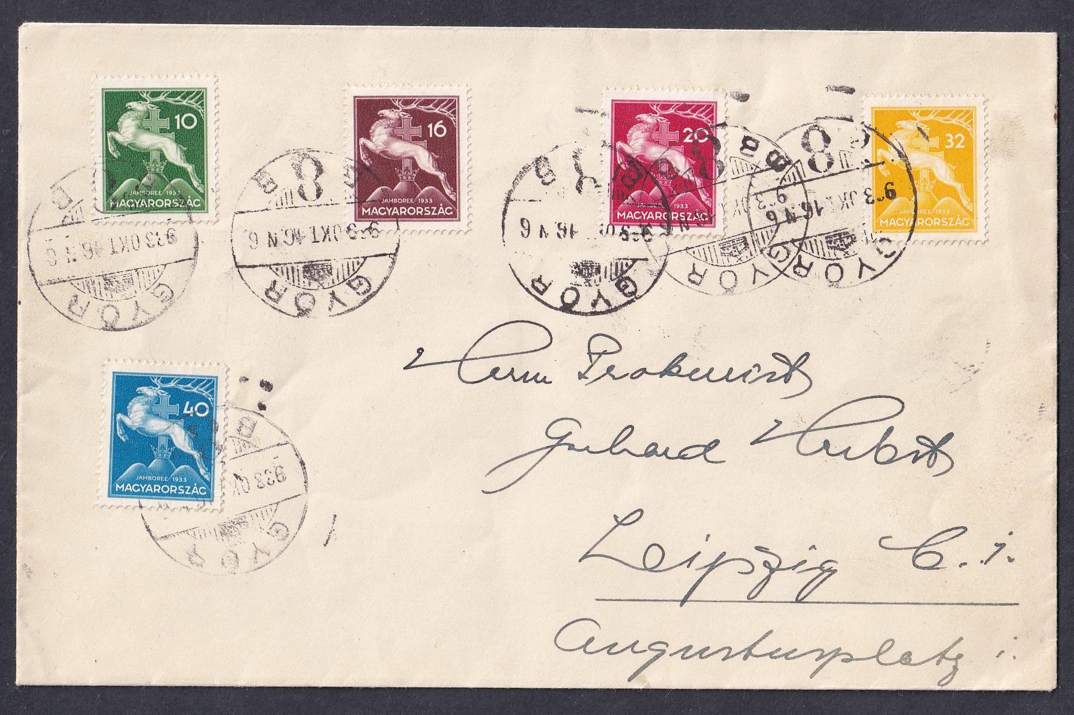 1933. Győr, Lipcsébe feladott levél - Cserkész sorral bérmentesítve