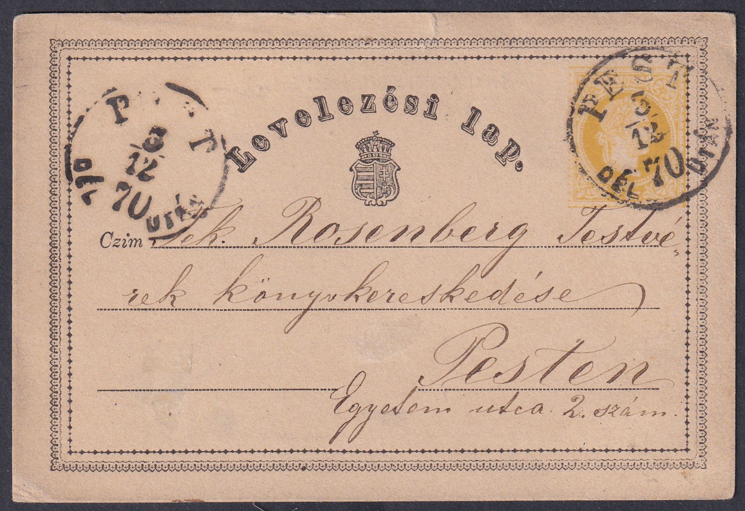 1870. PEST/DÉLUTÁN, helyben feladott levelezőlap