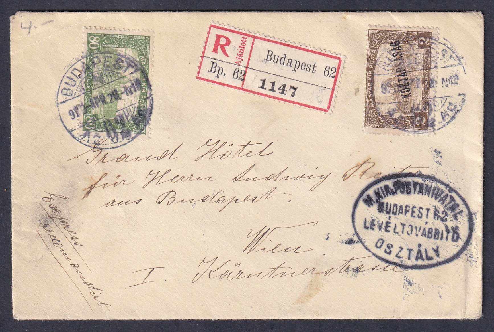 1919. Budapest, Bécsbe feladott ajánlott levél, ritka M. KIR. POSTAHIVATAL / BUDAPEST 62 / LEVÉLTOVÁBBÍTÓ OSZTÁLY”