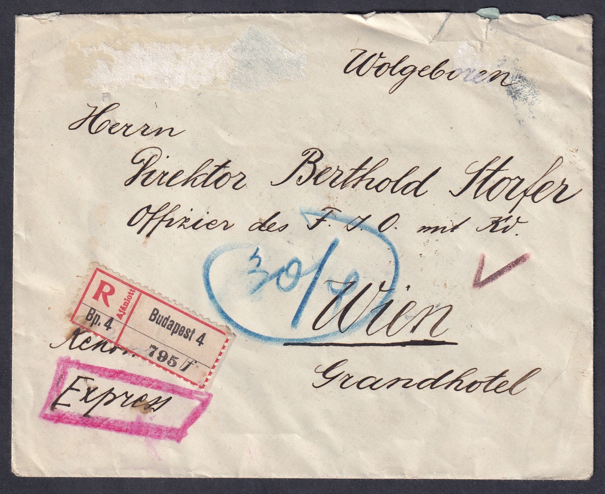 1918. Budapest, Bécsbe feladott expressz-ajánlott levél