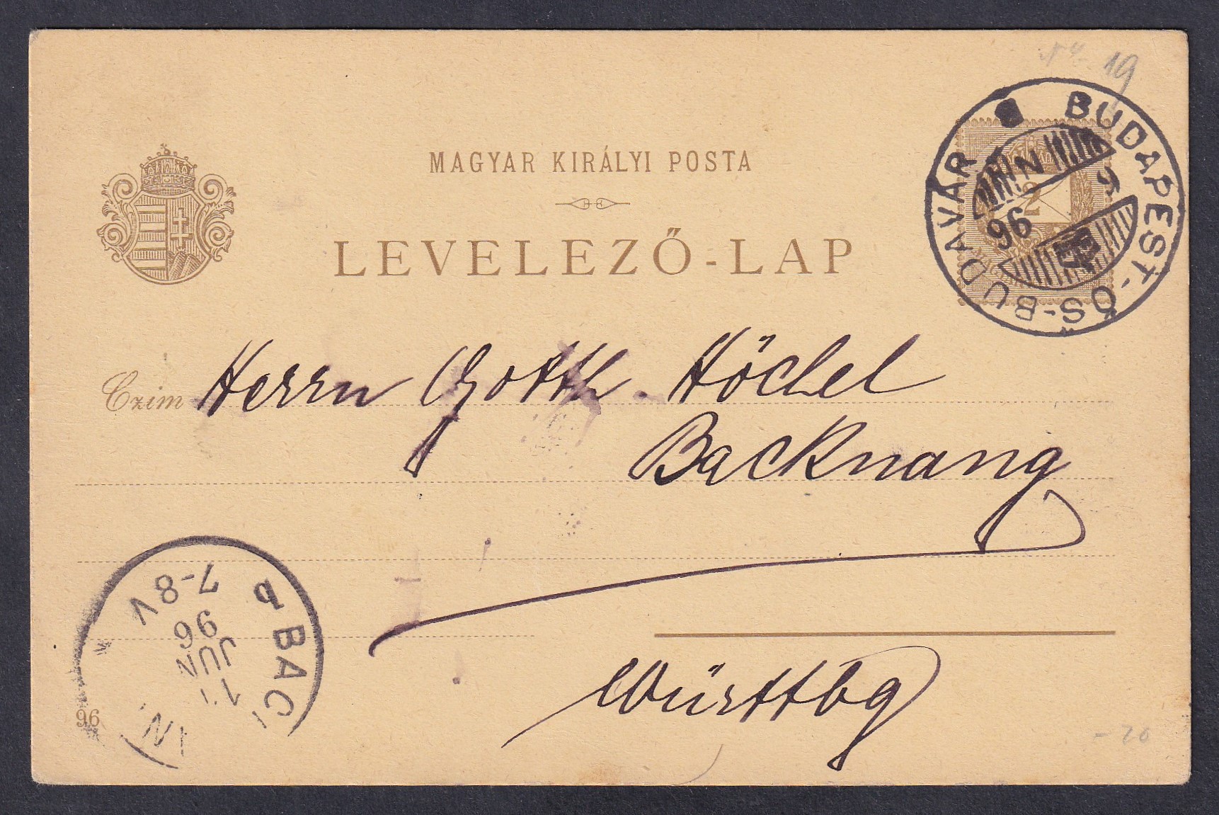 IMG_20260512_0003.1 1896. BUDAPEST-ŐS-BUDAVÁR bélyegzéssel, Backnang (Németország)-ba feladott 2kr millenniumi díjjegyes levelezőlap /R/