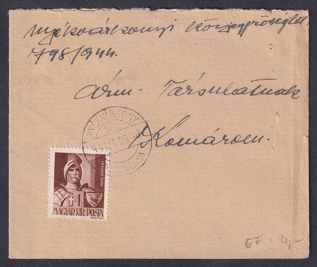 1944. Nyékvárkony, Komáromba feladott nyomtatvány küldemény