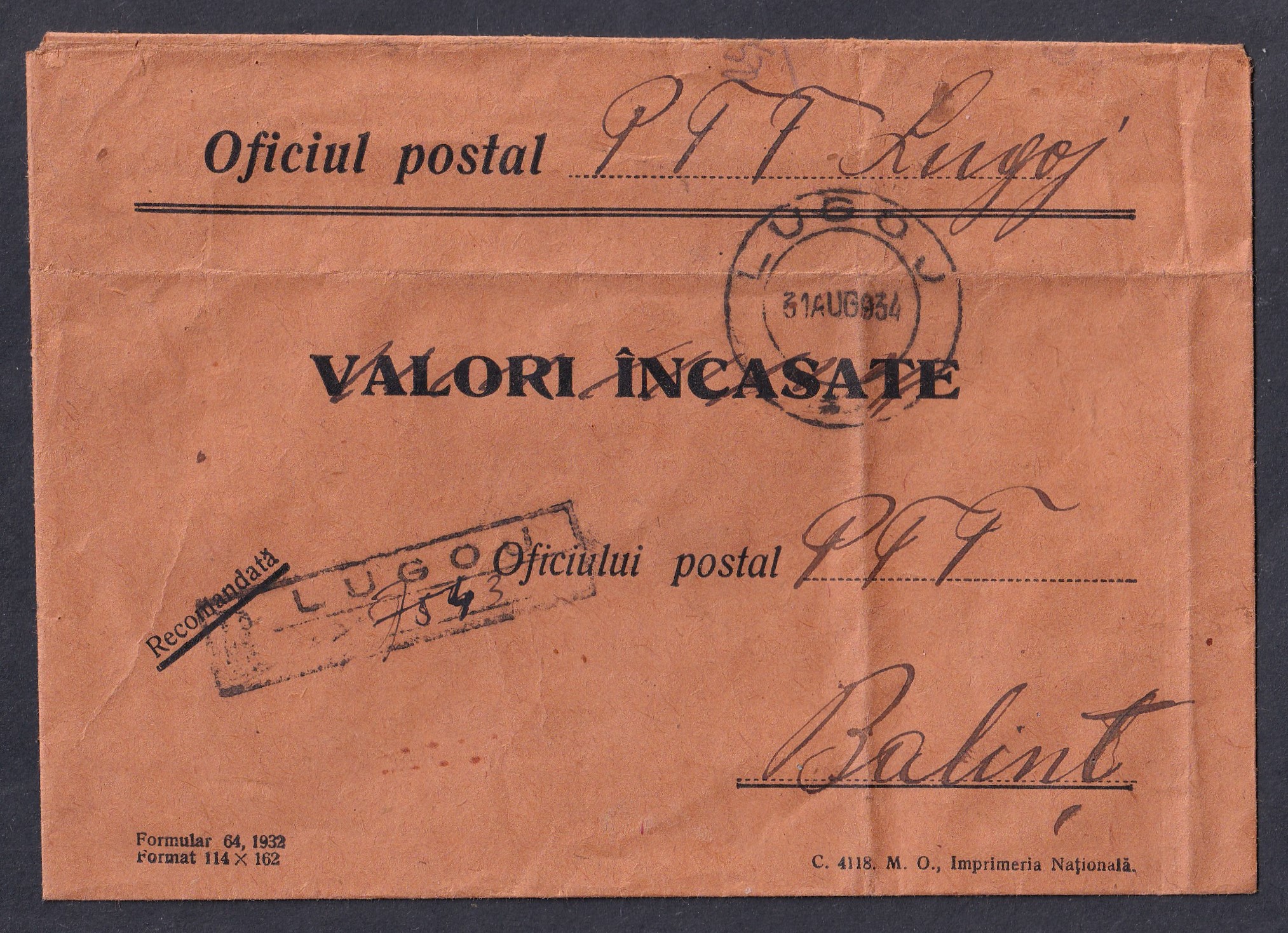 IMG_20260514_0002 1964. Románia „Valori Încasate” hivatalos értékbeszedési postai boríték ajánlott kezeléssel, 31 AUG 1964 körbélyegzővel és „Recomandată” jelzéssel. 1932-es rendszerű hivatalos nyomtatvány felhasználása, érdekes postatörténeti darab