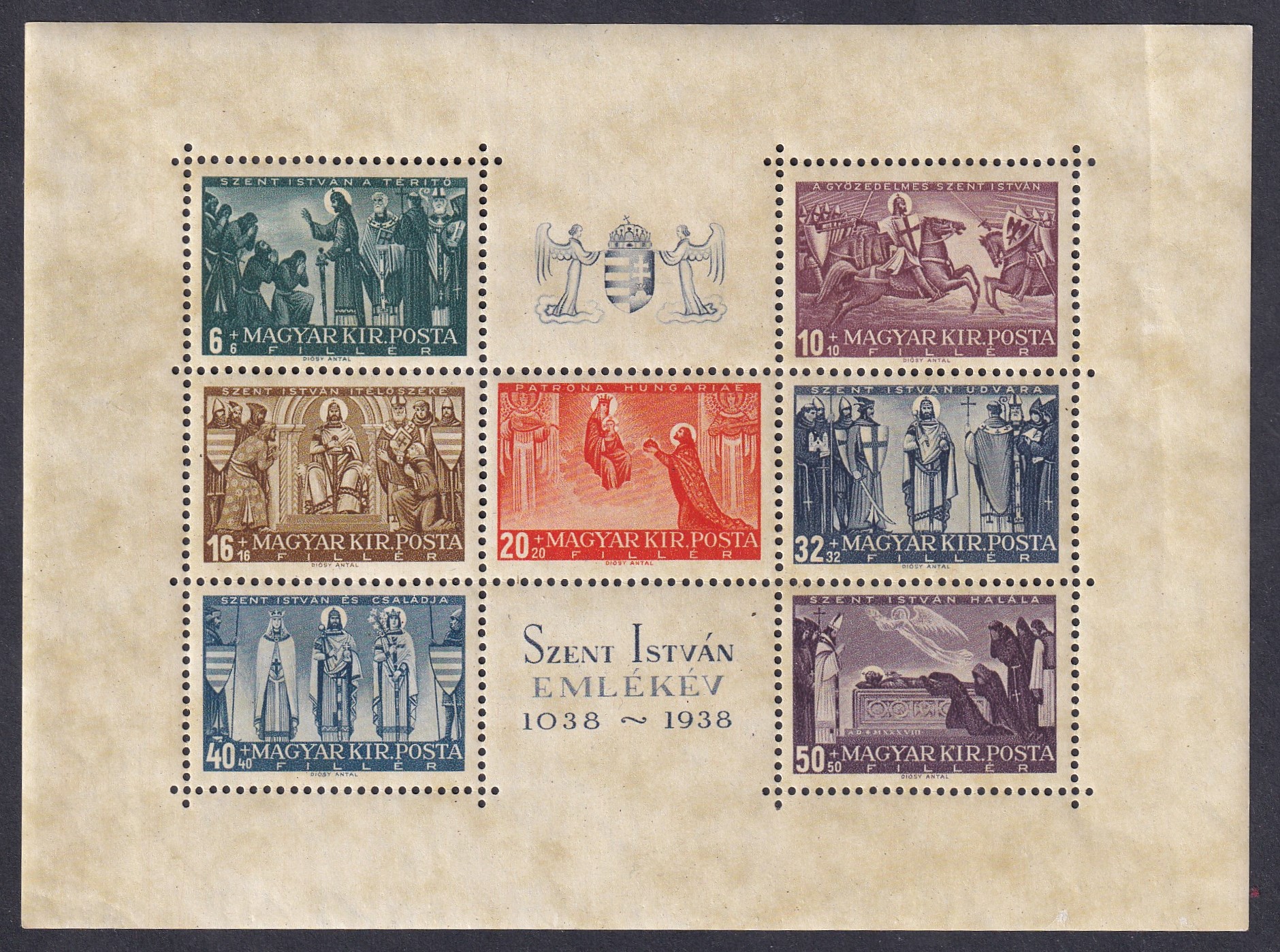 1938. Szent István blokk, apró pontszerű gumihibával (feltehetően az enyvezés során keletkezett szennyeződés miatt)