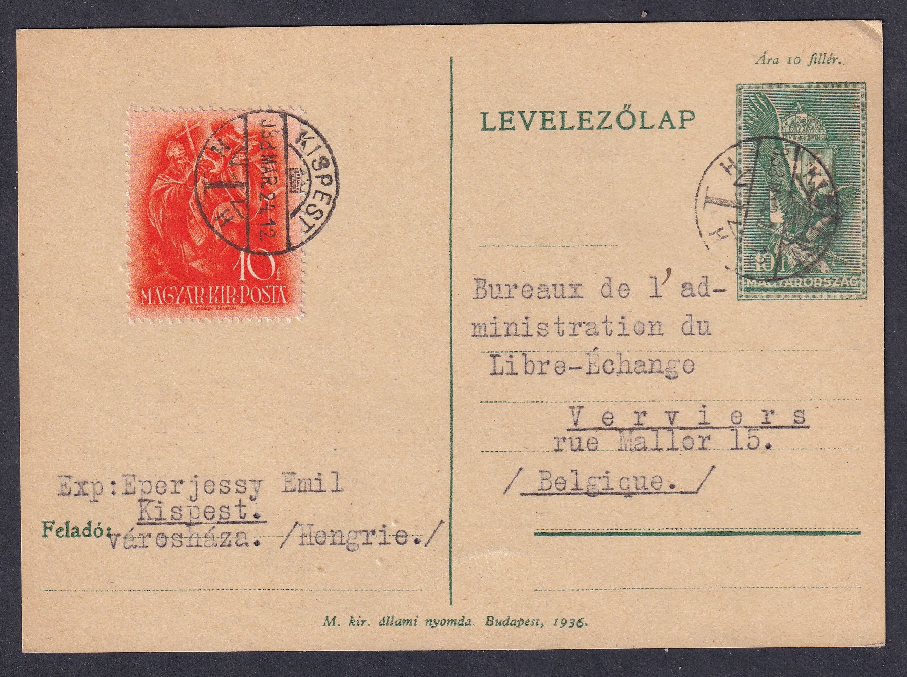 1938. Budapest, Belgiumba feladott díjkiegészített levelezőlap