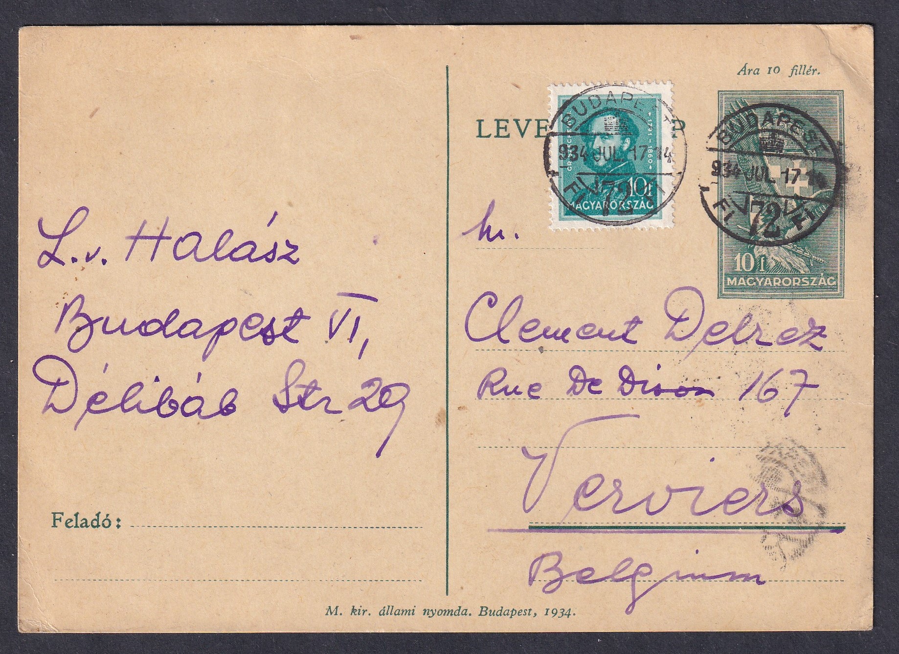 1934. Budapest, Belgiumba feladott díjkiegészített levelezőlap